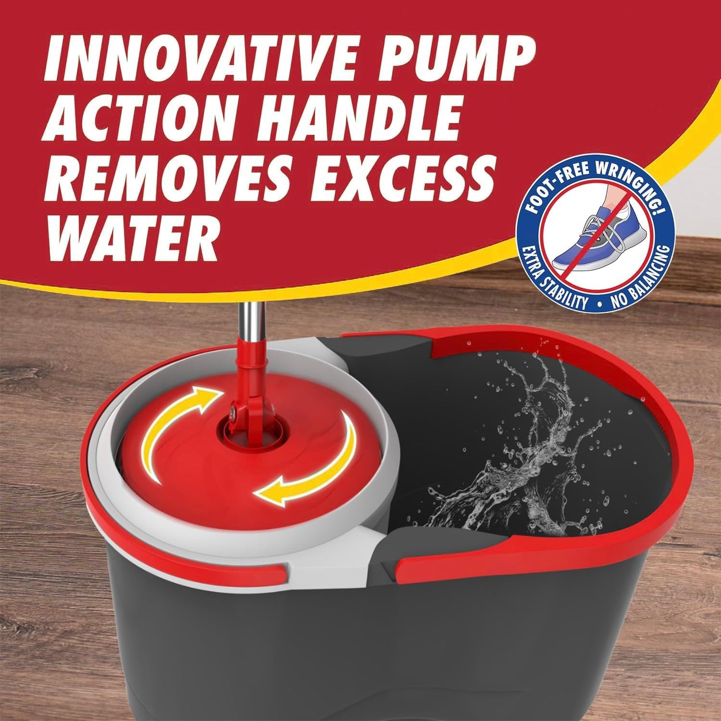 Spin Mop & Bucket Set System – Hands-Free Drying System with Stainless Steel Handle, 2 Microfiber Mop Heads, Removes 99% of Bacteria, Easy to Use, No Pedal, Machine Washable, for All Floor Types