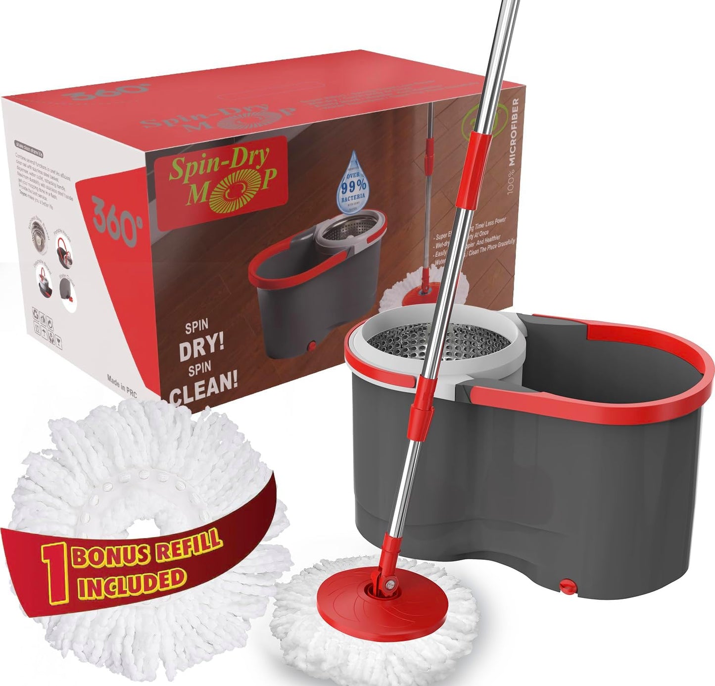 Spin Mop & Bucket Set System – Hands-Free Drying System with Stainless Steel Handle, 2 Microfiber Mop Heads, Removes 99% of Bacteria, Easy to Use, No Pedal, Machine Washable, for All Floor Types