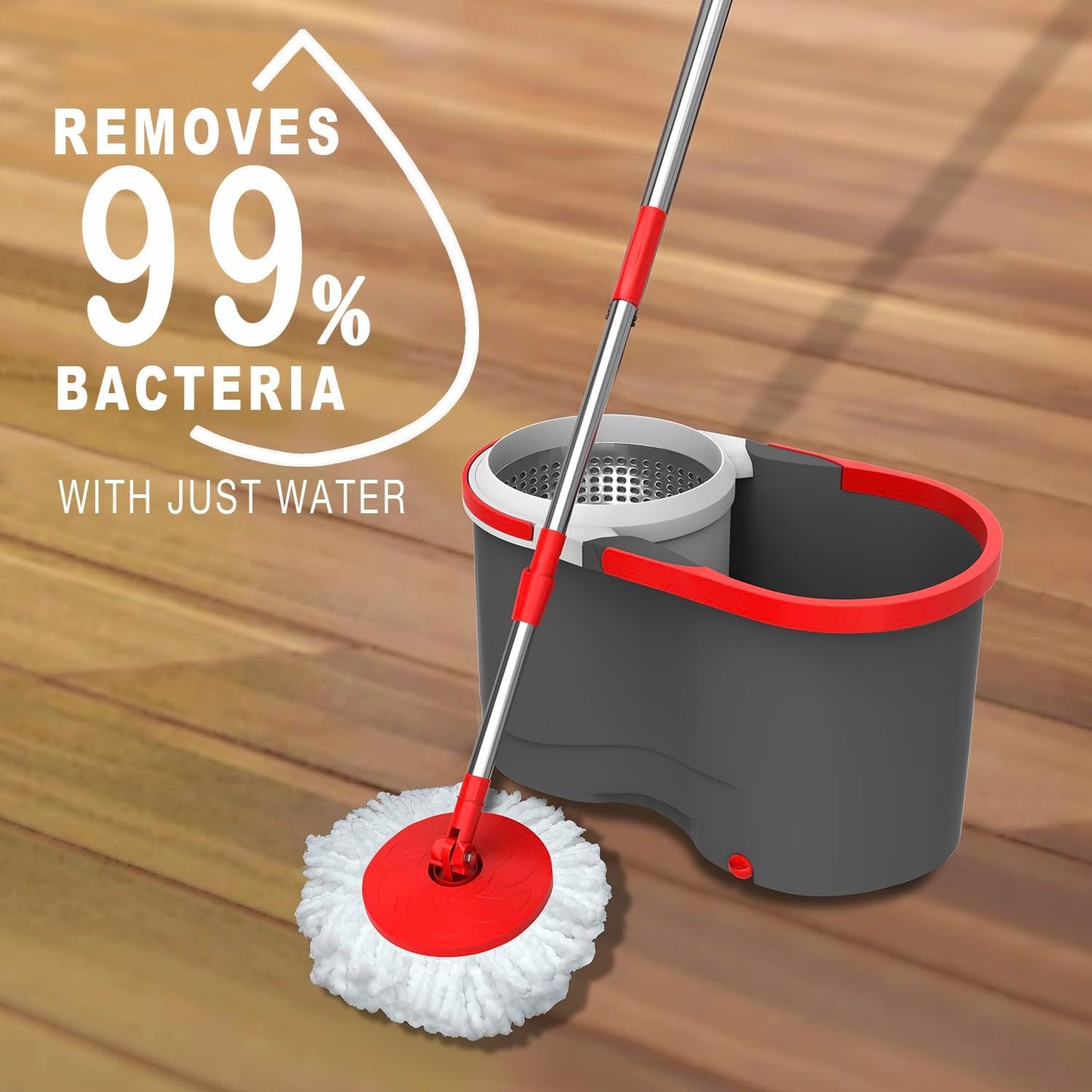 Spin Mop & Bucket Set System – Hands-Free Drying System with Stainless Steel Handle, 2 Microfiber Mop Heads, Removes 99% of Bacteria, Easy to Use, No Pedal, Machine Washable, for All Floor Types